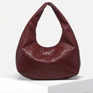 Elegant Woven Faux Leather Shoulder Bag - Burgundy